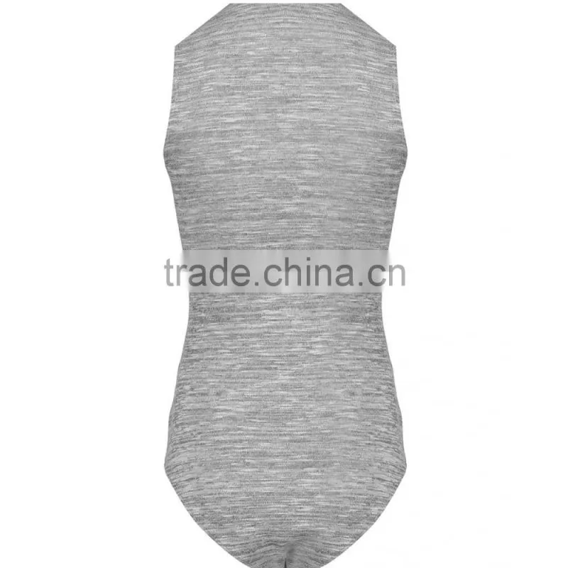 High Quality Women Grey Sleeveless Plunge Bodysuits V Neck Casual Bodysuits Fashionable Slub Cotton Tops