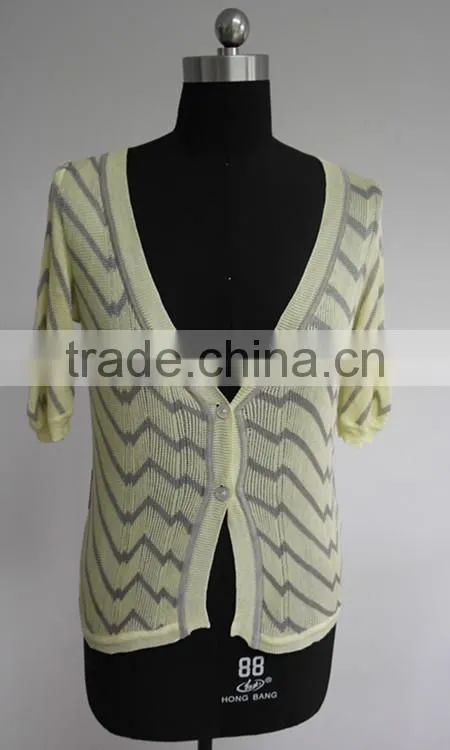 Ladies Fashion stripe knit 1/2 sleeve cardigan sweater