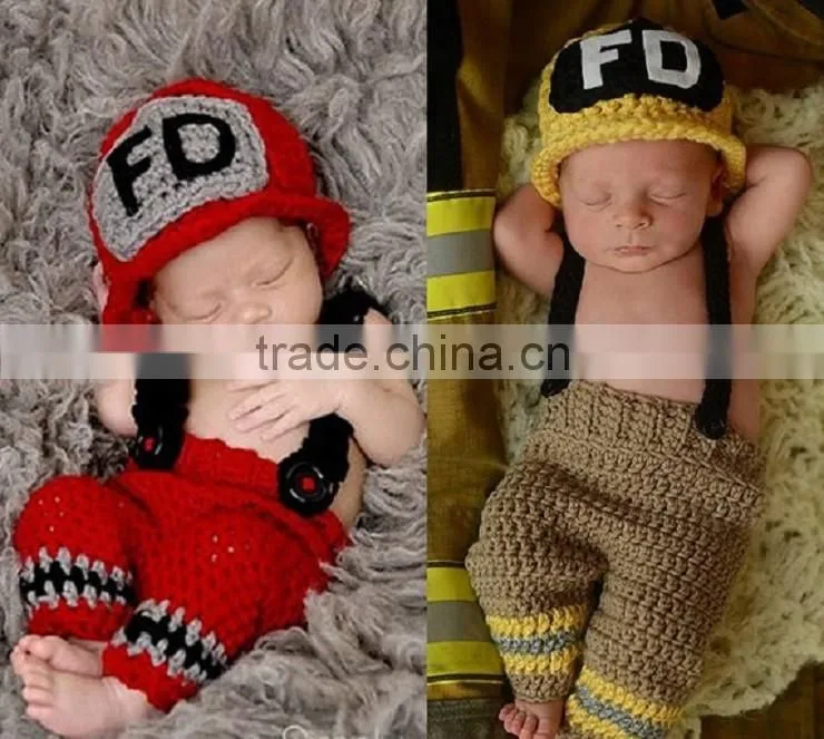 Newborn Baby Firefighter Fireman Red Hat Outfit, 2 pc Red Pant Set w/Suspenders, Photography Prop