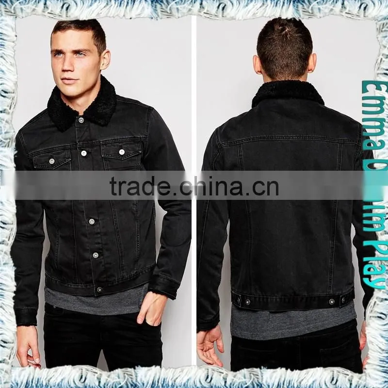 Black Mens Fleece Collar Fitted Denim Jacket for Chilly Winter