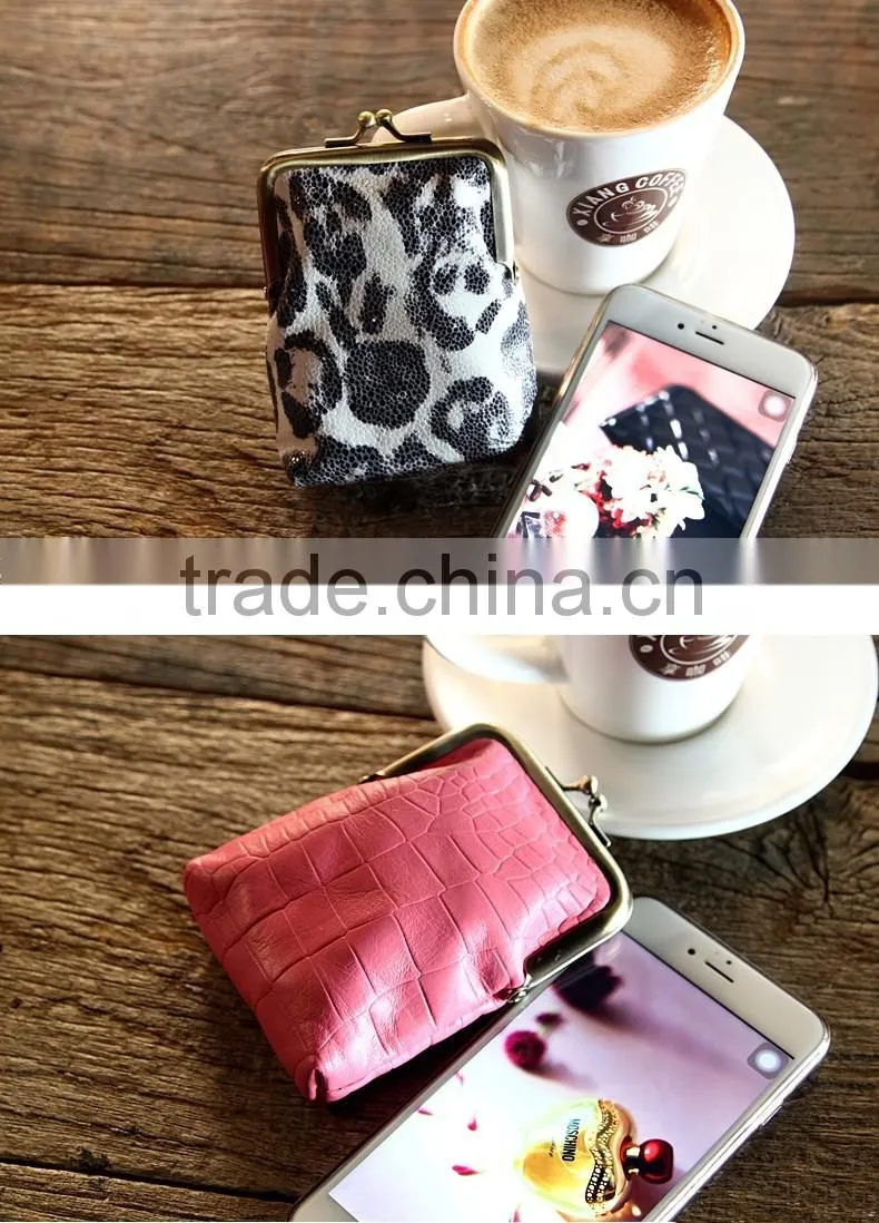 animal pattern cow leather pocket coin holder ladies change purse money pouch with clip closure