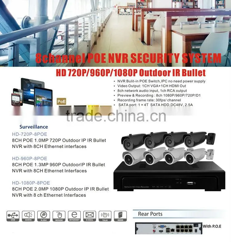 Hisilicon CMOS HD NVR Kits HDMI Onvif Full HD 1080P 8CH POE Network System