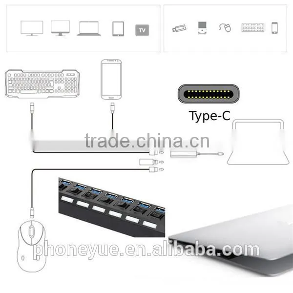 high speed usb 3.1 type-c to usb 3.0 usb hub 7 port with switch and led light