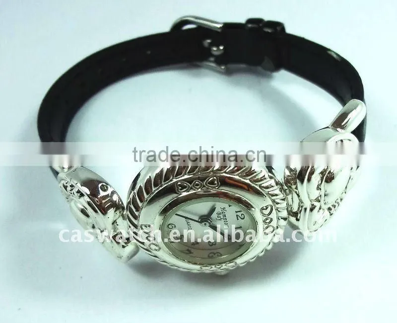 Vintage slvery cuff watch leather bracelete watch for women