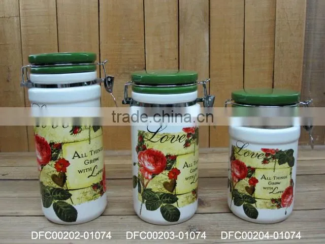 Eco-friendly Ceramic Material Airtight Food Canisters with Rose Decal