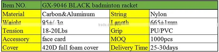 GX-9046 BLACK High performance aluminium&carbon fiber badminton racket with badminton bag/create your top brand badminton racket