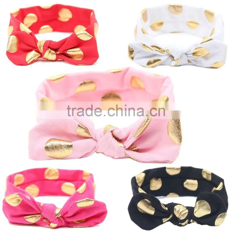 New arrival baby head band knot headband baby headwears / gold foil dot bunny ear head wraps hat
