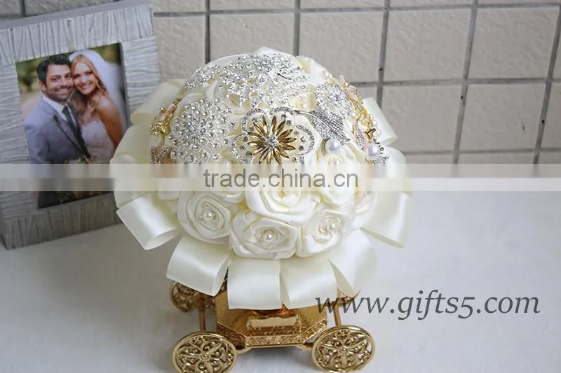 Luxurious White Silk Flowers Wedding Bouquets with beads, rhinestones, brooches