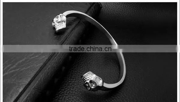 C shape antique silver vintage engraved wire skull head stainless steel bangles
