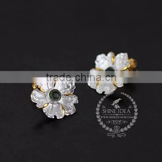 925 sterling solid silver peony flower green yellow and blue tourmaline earring stud fashion women earring DIY jewelry 6730608