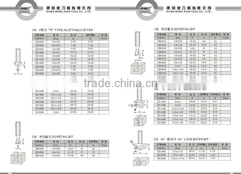 KMJ-0068 solide carbide woodworking cutter with bearing, carbide hinge mortising router bit