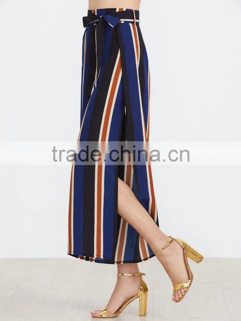 Vertical striped slit side wide leg with belt fashion pants for women