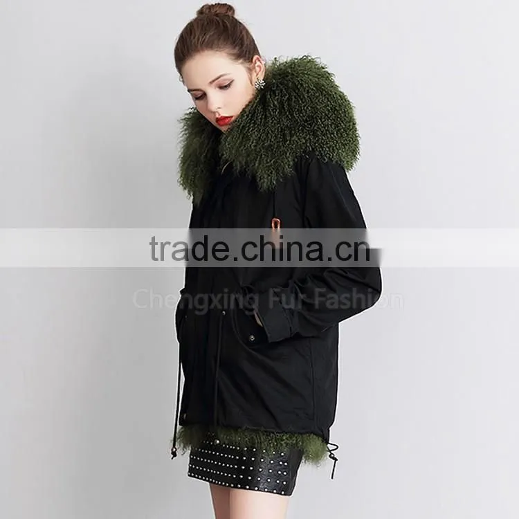CX-G-P-15 Real Mongolian Lamb Fur Lining Fur Parka Coat for Women
