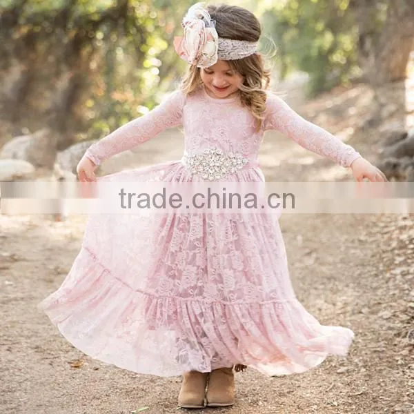 Baby Girls Fall Pink Lace Long Sleeve Maxi Dress Children Growns Frocks Design Clothing