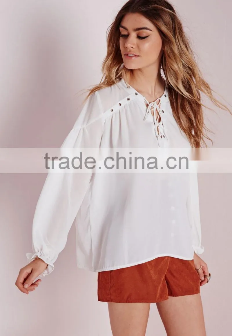 Latest design korean style fashion women blouse o-neck chiffon style blouse