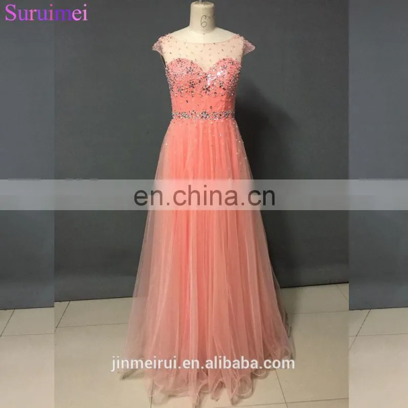 Glitter Sparkles Peach Color Sheer Neck Beaded Nude Back Open Back Long Prom Dress Women Free Shipping WH436
