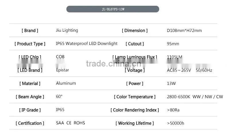 Dongguan COB or SMD LED Down Lights 95mm Cutout 13W IP65 Waterproof LED Downlight