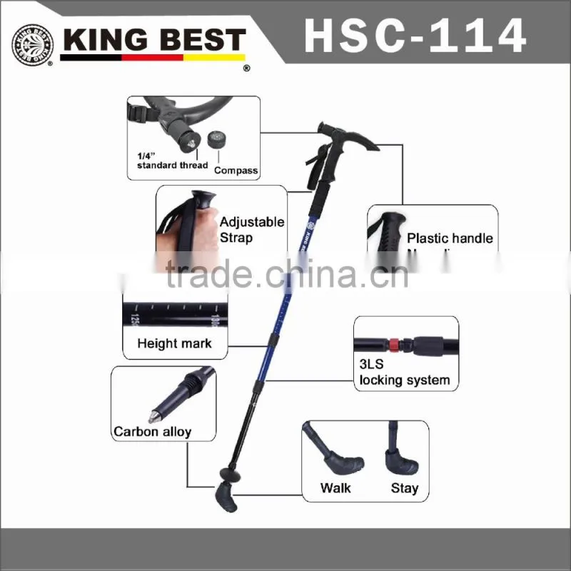 KINGBEST 2016 carbon trekking pole 4-SECTION Nordic walking sticks With Phone Holder With Compass nordic walking stick