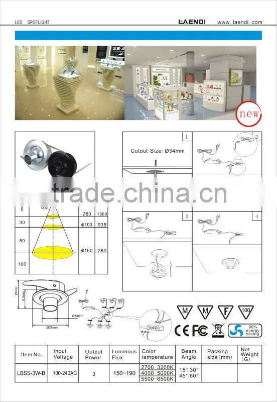 2016 favorable price 80ra led showcase light 3w for jewelry shop