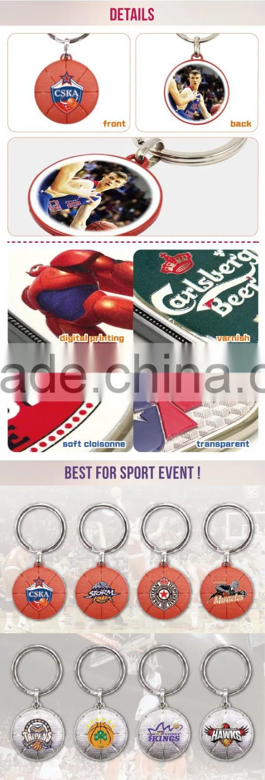 Wholesale bulk metal souvenir basketball sport printed two sided key ring