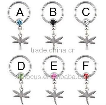 Captive bead ring with dangling dragonfly, 14 ga bcr body jewelry