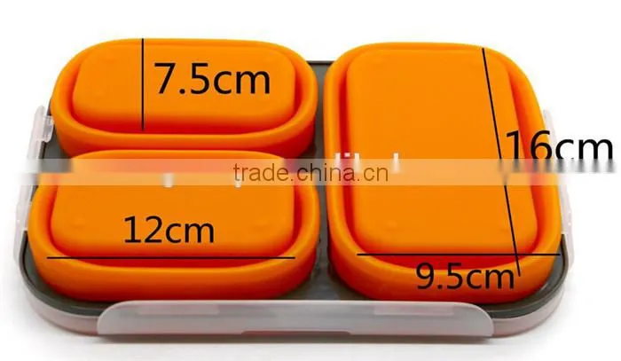 Eco-friendly 100% Food grade 3 compartments collapsible silicone folding lunch box, Microwave orange silicone folding lunch box
