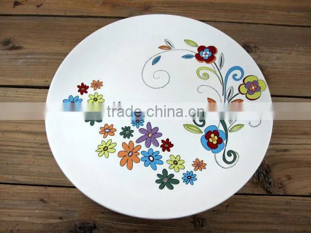 Wholesale Ceramic Material Flat Cake Plate with Green Decal