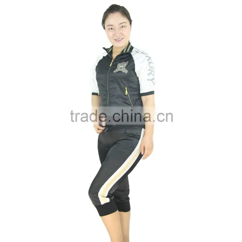 Women short sport jogging suit poplin shiny emb. & print full zipper hooded