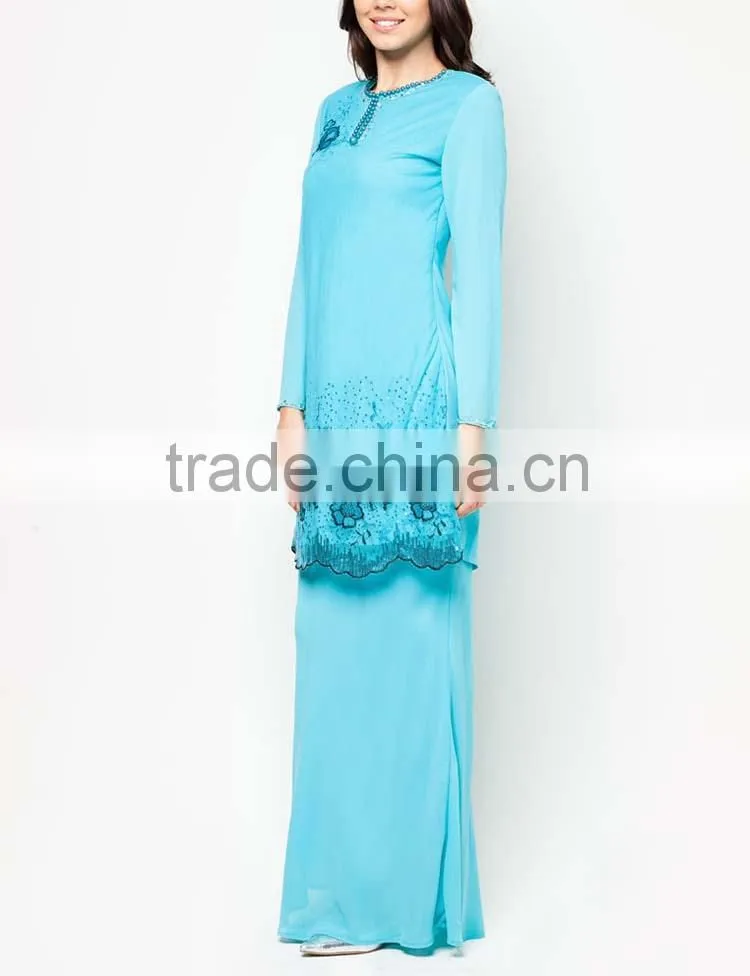 Blue beaded printed made in china long sleeve muslim dress