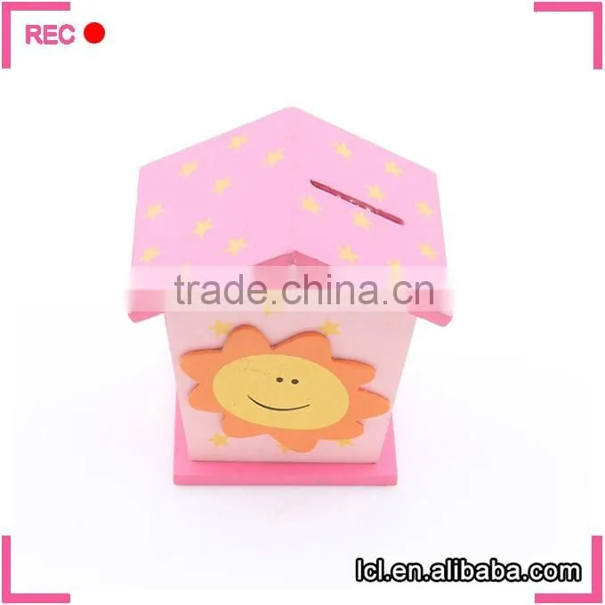 Wooden money box house shaped, wood material money storage box