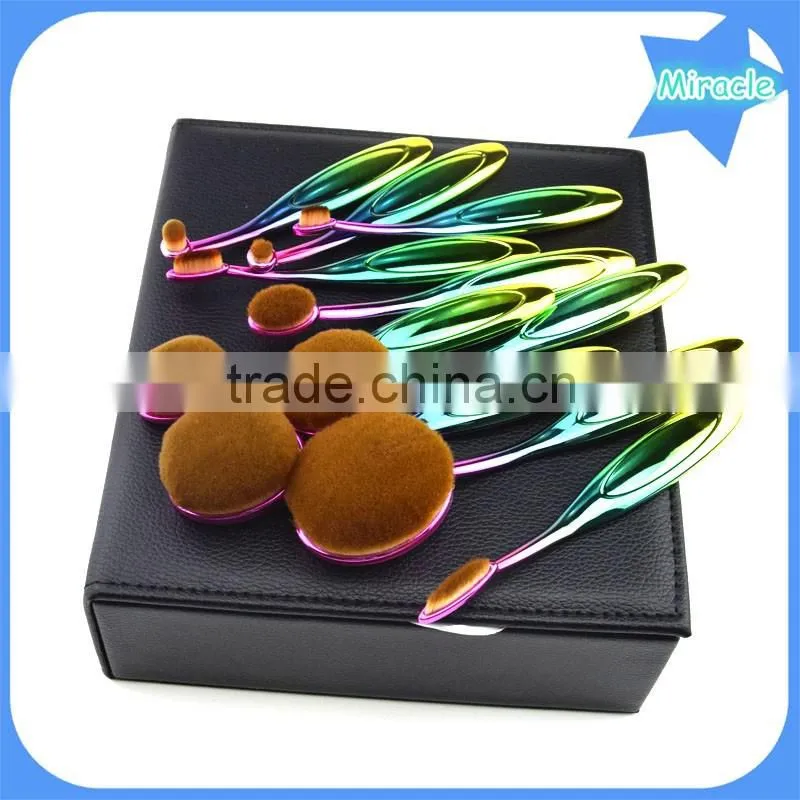 2016 Hot 10pcs rainbow color privalte label oval multi-purpose makeup brush with make up brush box