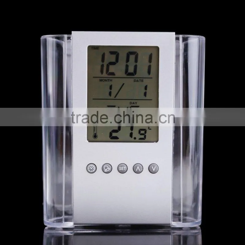 Plastic Transparent Multifunctional Pen holder Calendar Timer Thermometer Clock