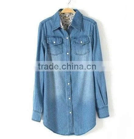 new lady's long sleeve loose casual contrast color denim shirt with two pockets