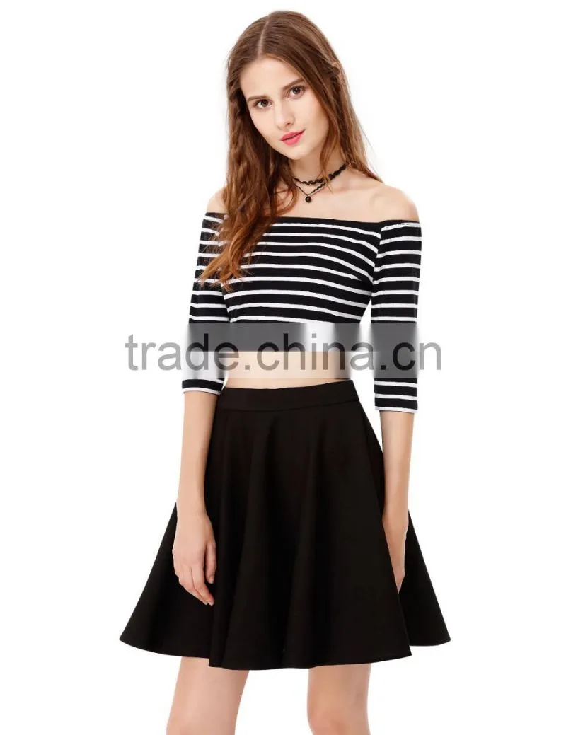 Latest Women Off Shoulder Striped Half Sleeve Short Casual Dress Designs For Ladies
