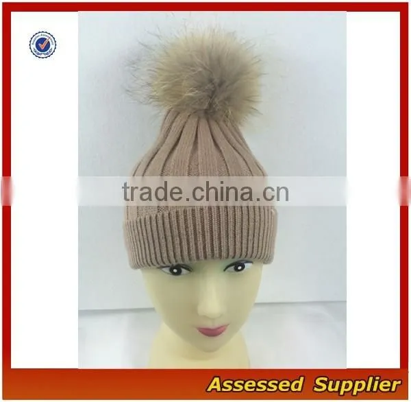 Custom fashion real raccoon fur pom pom hat beanie cap winter knitted hat for women and baby free samples