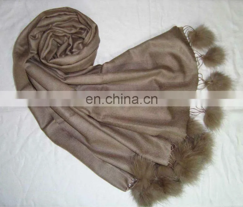 Silk Pashmina wool , Plain Pashmina shawl with Fur balls
