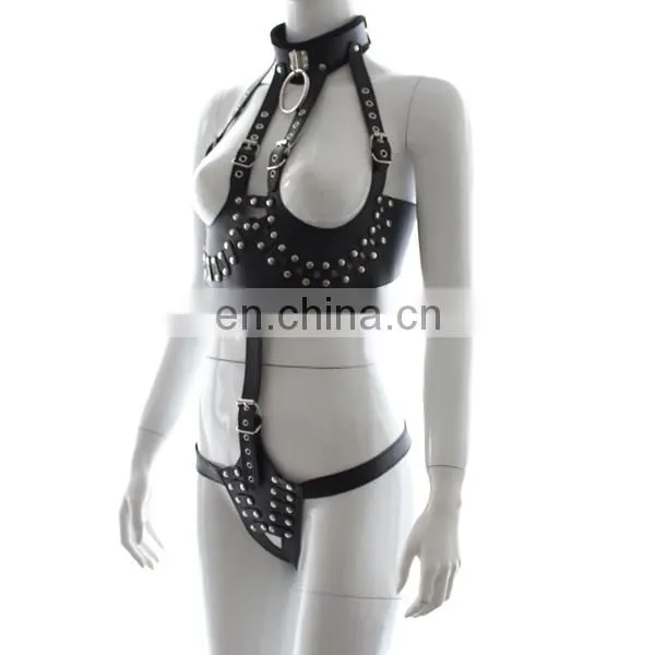 Open bust & crotchless sex teddy sex bondage lingerie leather sexy body harness
