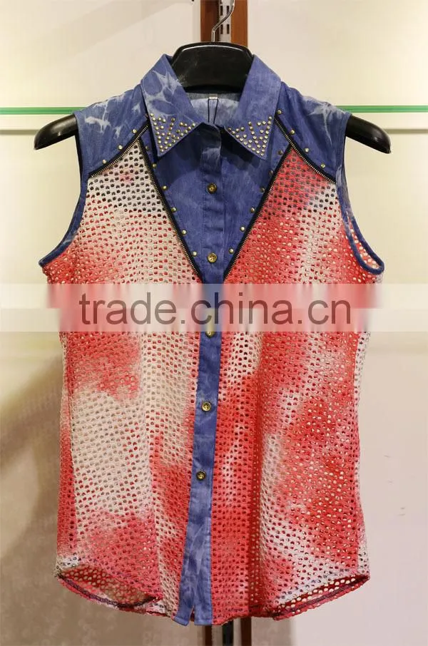 Women's hollowed-out sleeveless tops with a shirt collar