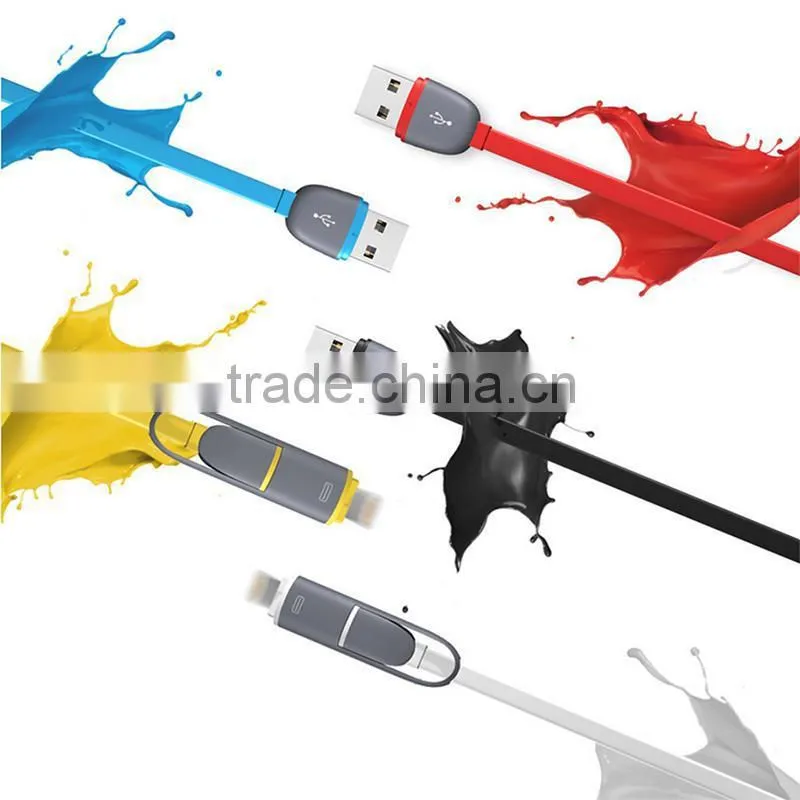 Hot selling Multi-function colorful flat 2 in 1 mobilephone usb data charging cable