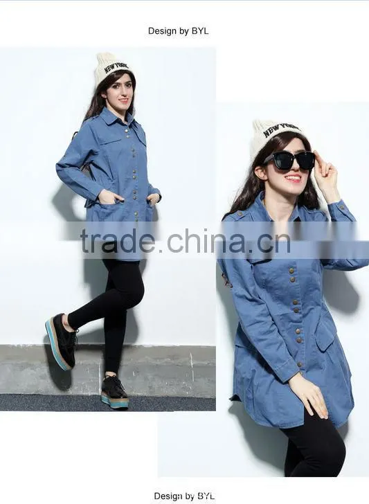 Denim Jacket 2014 New Women Coat Female Long European Full Regular Sleeves Slim metal buttons jean jackets Solid WholeSale