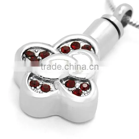 Hot Sell Stainless Steel Butterfly Shape Cinerary Casket Vintage Urn Pendant Women's Funeral Box with Red CZ Stone