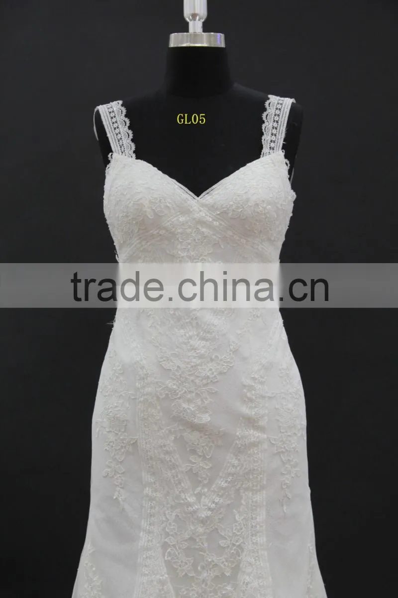 Beading lace trim small A-line wedding dress with two straps
