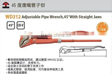 High quality cr-v steel 45 degree with straight jaws adjustable pipe wrench with VPA/GS and die forged