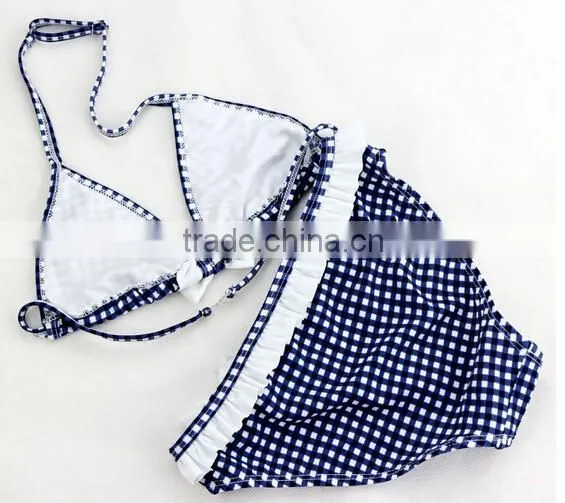 Girl Children Kid Bowknot Bikini Bowknot Check Strip Swimsuit Swimwear Beachwear