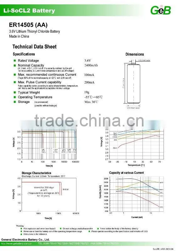 Non-recharge lithium ion battery LiSOCl2 , 3.6v lithium battery er14505 li-ion batteies cell