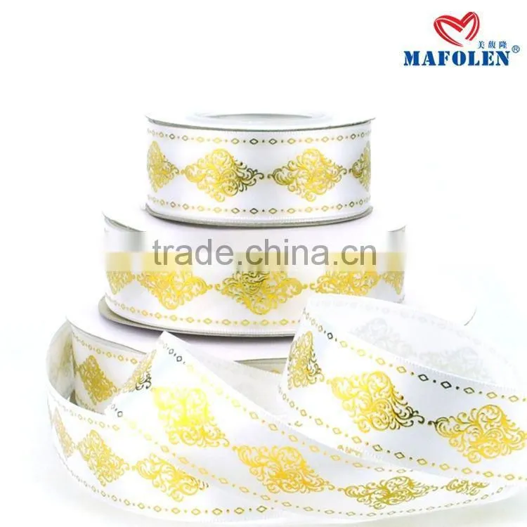 Satin ribbon high density polyester gold foil printed merry christma ribbon on sale