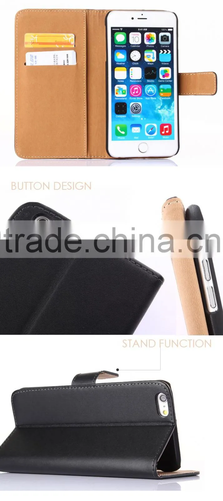 Stitching mobile phone wallet PU flip leather cell phone case cover for iphone 6/ 6 plus with card slots stand function