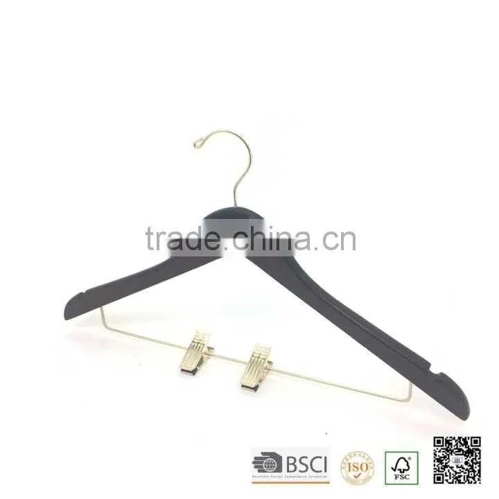 Popular gold clip skirt hanger, black clip hanger with gold clips for skirt, pant, coat,. Gargment clothes hanger, black hanger