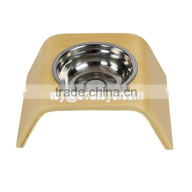 High quality safety stainless steel bowl wooden pet feeder for small dogs cats and pets W06F045
