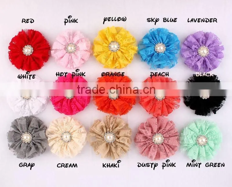 lace flower with pearl rhinestone in center for kids hair accessories